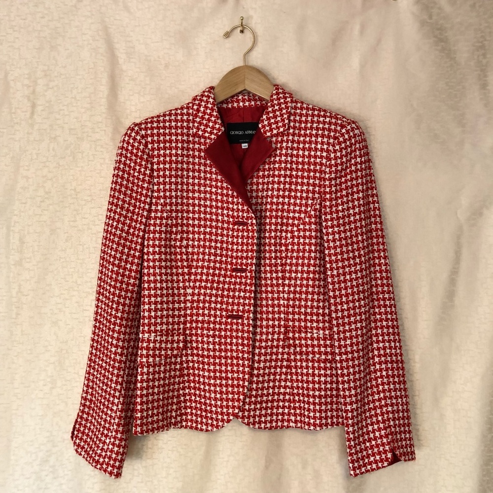 Giorgio Armani Red Houndstooth 90s Style Jacket
